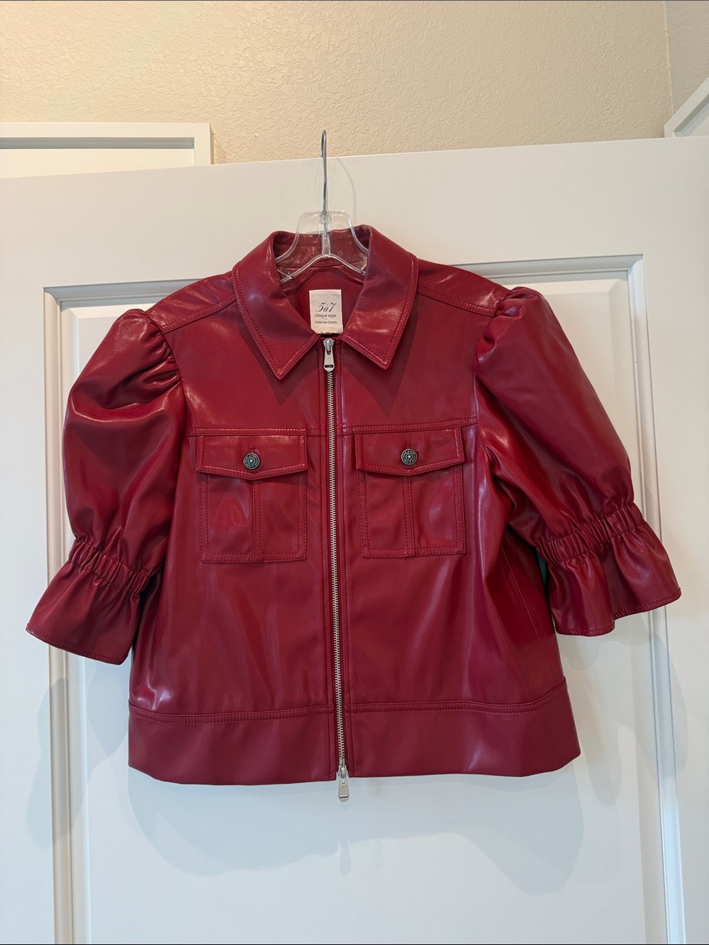 Cinq A Sept Red Faux Leather Puff-Sleeve Zip Front Holly Jacket Like new. Size S